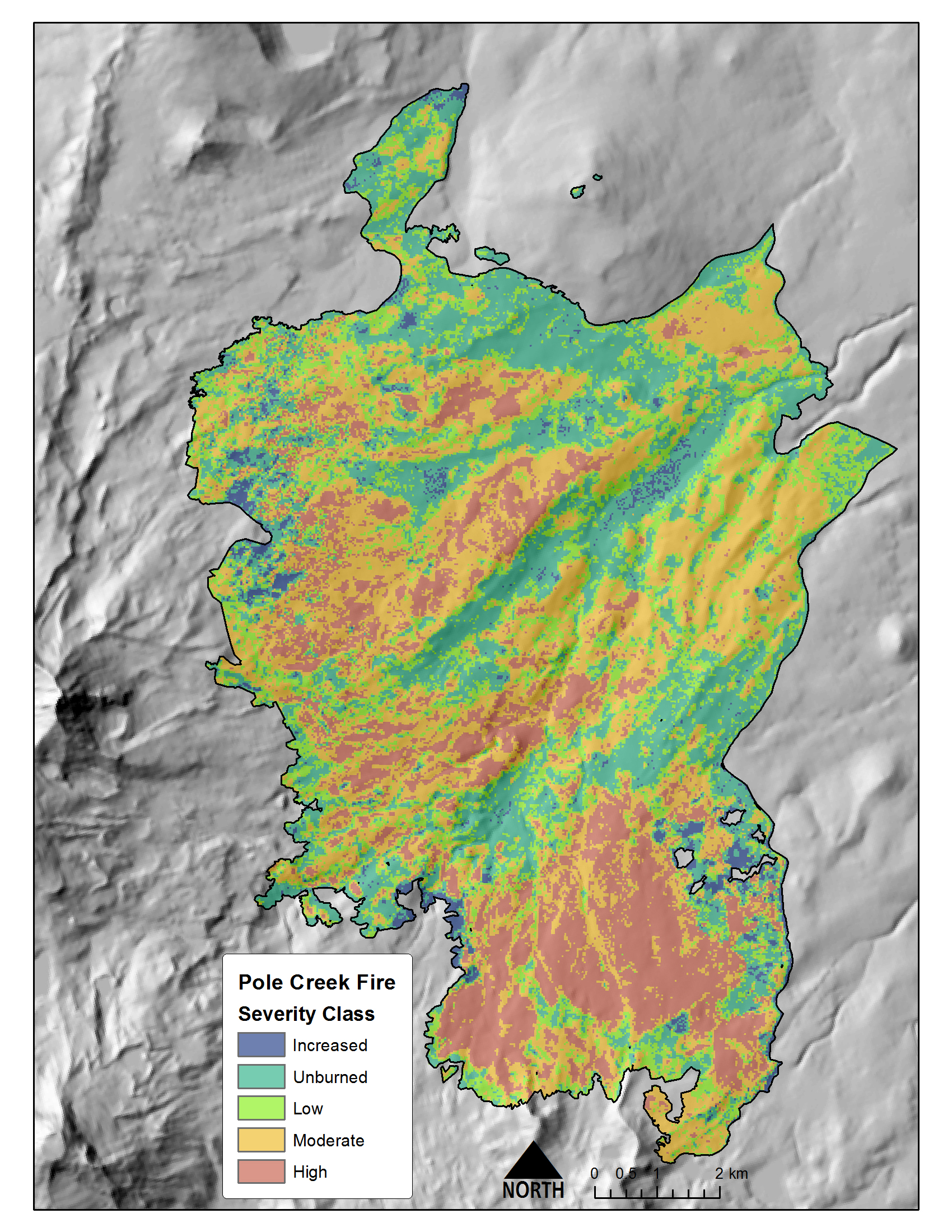 Pre-fire and post-fire lidar-derived burn severity for the Pole Creek Fire, 2012. North is oriented toward the top of the image.