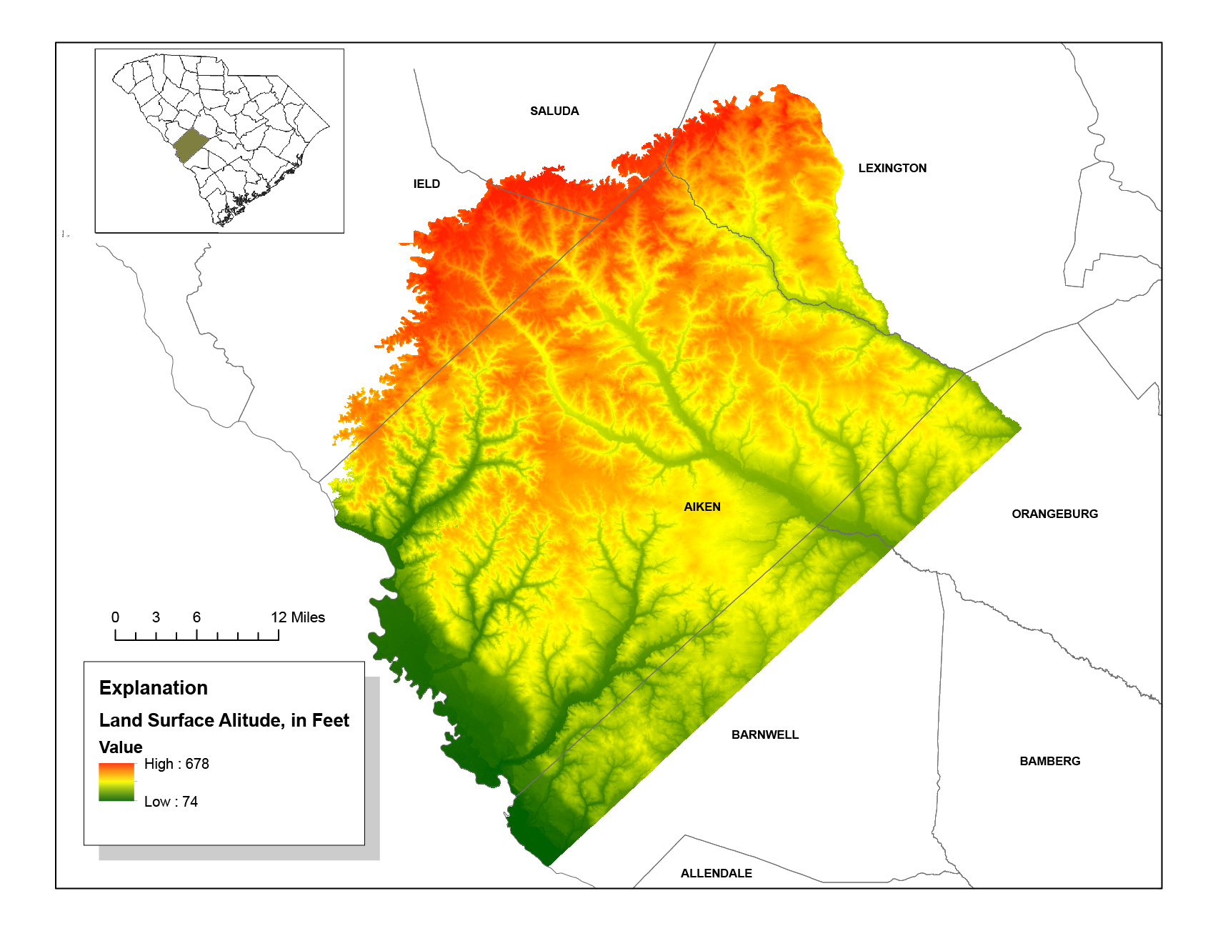 Land surface altitudes of the Aiken County, South Carolina, area derived from lidar.
