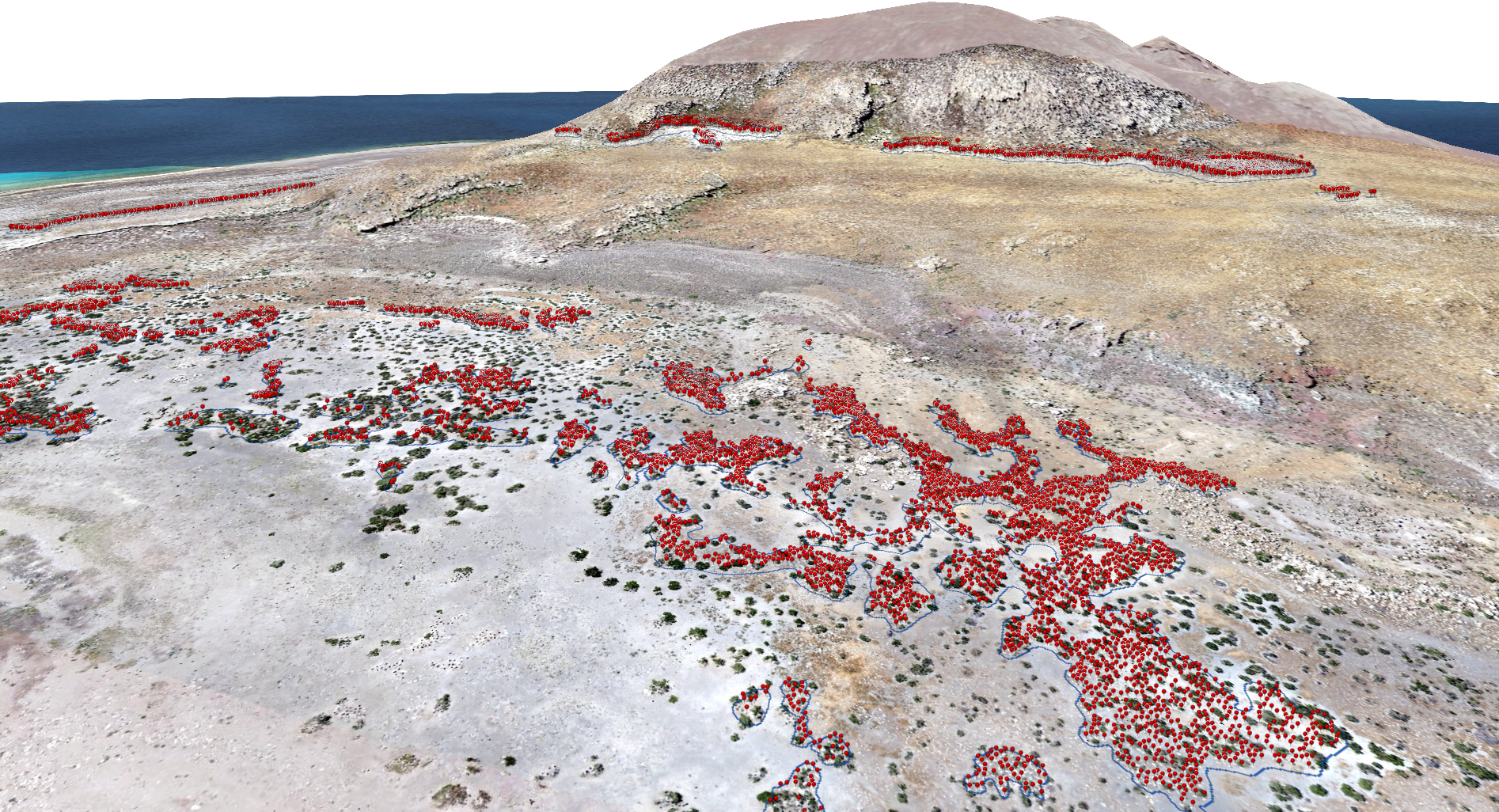 Natural color imagery collected via the RQ-11A Raven UAS platform. Three-dimensional models created from the individual images captured by the UAS. Red pins mark individual American pelicans on the island.