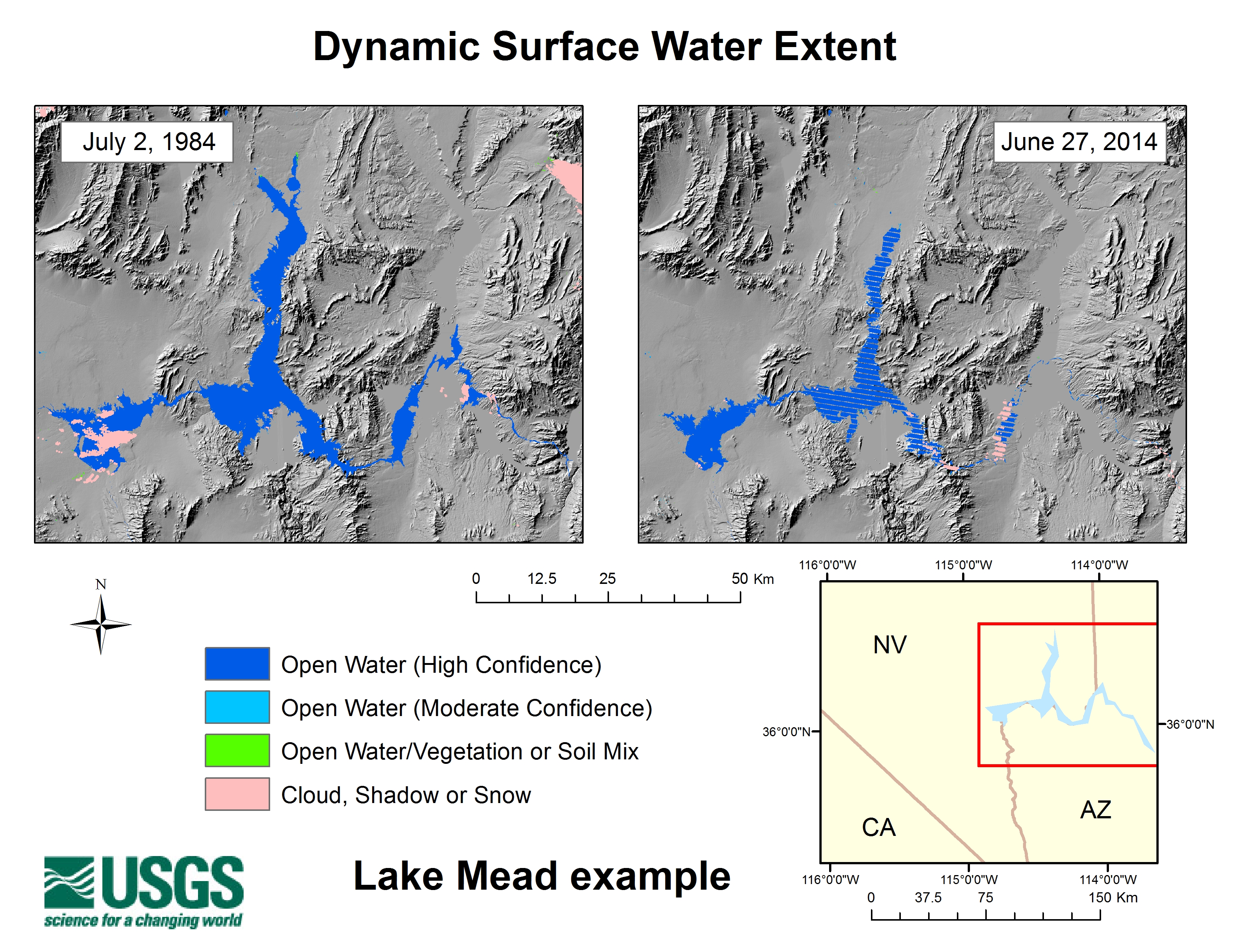 Lake Mead Dynamic Surface Water Extent data derived from Landsat 5 (Left) and Landsat 7 (right) summer images captured nearly 30 years apart. Significant differences in Lake Mead aerial extent caused by variations in climate and water demand are obvious. Such lengthy records of surface water variations are useful for science, resource management, and education. Note: Cross hatches visible in the right image are missing data due to The Landsat 7 scan line corrector failure.