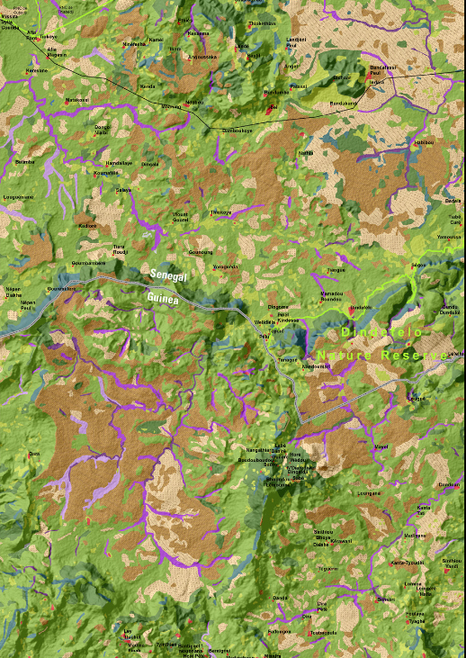 Land cover data from Landsat 8 combined with enhanced SRTM 30-m data. North is oriented toward the top of the image.