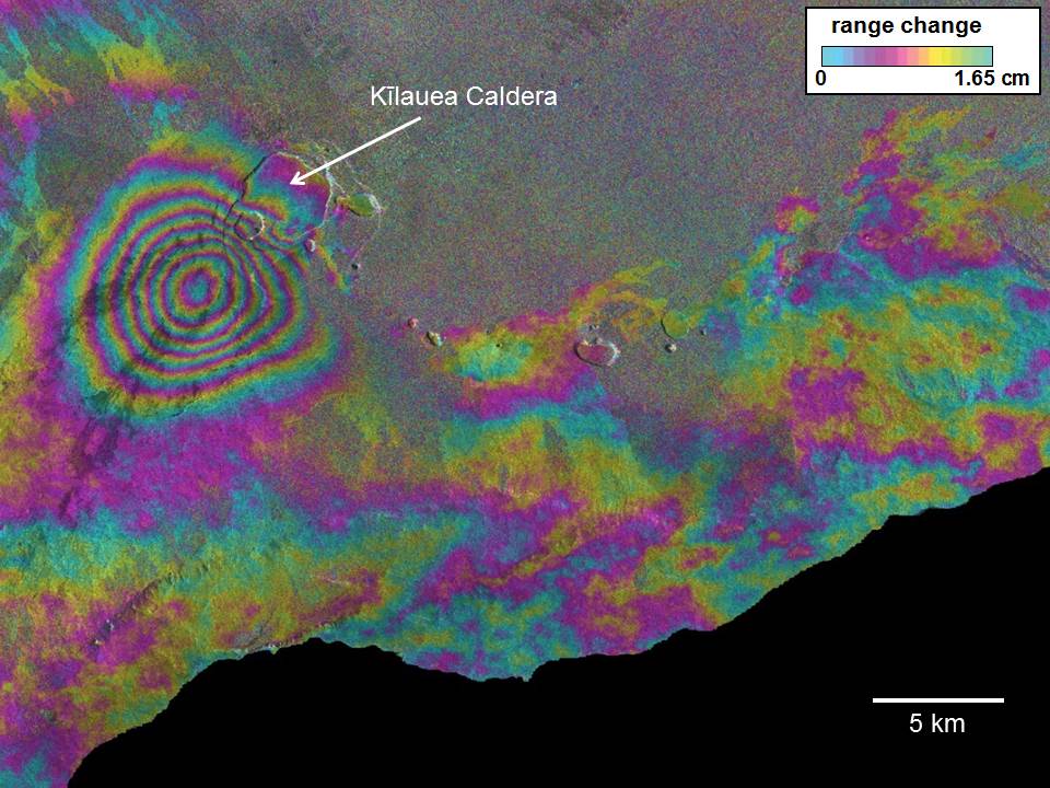 This interferogram is from COSMO-SkyMed synthetic aperature radar data acquired on April 11 and May 22, 2015. The concentric pattern of fringes in the southern part of Kilauea caldera indicates inflation due to an intrusion of magma in the upper Southwest Rift Zone area in mid-May. The inflation was also detected by GPS and tiltmeters on the volcano, but the spatial resolution of IfSAR facilitated modeling of the event. Preliminary model results suggest a depth of 3.3 km and a volume increase of 5.5 million m3. These data were supplied as part of the global Group on Earth Observations Supersite initiative and would not otherwise have been available.