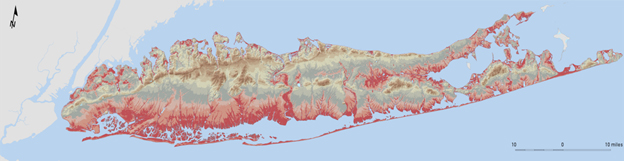 This map depicts the depth to the water table beneath Long Island during April–May 2013. Areas in which the depth to the water table is shallow are shown in red and indicate areas where potential substructure flooding may occur.