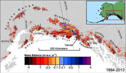 Estimated mass balance (1994–2013) for surveyed and unsurveyed glaciers in the most densely glacierized subregion of Alaska. The inset shows the entire region. Black lines indicate survey flight lines.