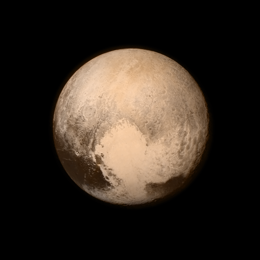 Pluto as seen by the New Horizons spacecraft a day before closest approach. This image is an example of combining data from two different instruments: here, the high-resolution monochromatic image has been combined with color information from a lower resolution multispectral image. Image created by the mission team from the John Hopkins University Applied Physics Laboratory and the Southwest Research Institute.