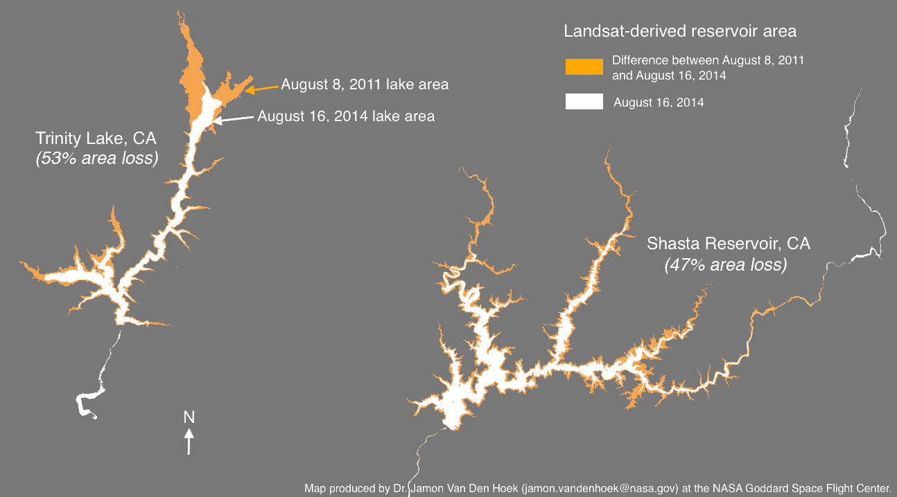 Changes in reservoir volume impact the surface area of reservoirs. Above, Landsat imagery was used to estimate the change in surface area from August 2011 to August 2014 for two of California's largest reservoirs, Shasta Reservoir and Trinity Lake, both located just under 200 miles northwest of Sacramento, California. The outlets of the two reservoirs are located approximately 15 miles apart. These reservoirs provide water for irrigation, hydroelectric power, drinking water, ecosystem management, and flood control.