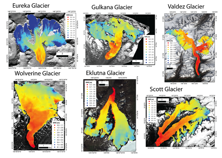 End-of-season distributed Snow Water Equivalent (SWE) at six glaciers throughout the Gulf of Alaska region. Radar-observed SWE on survey tracks is overlaid for comparison. Both variables are plotted on the same color scale within each subplot, although each glacier has a different scale to show the basin scale variability.