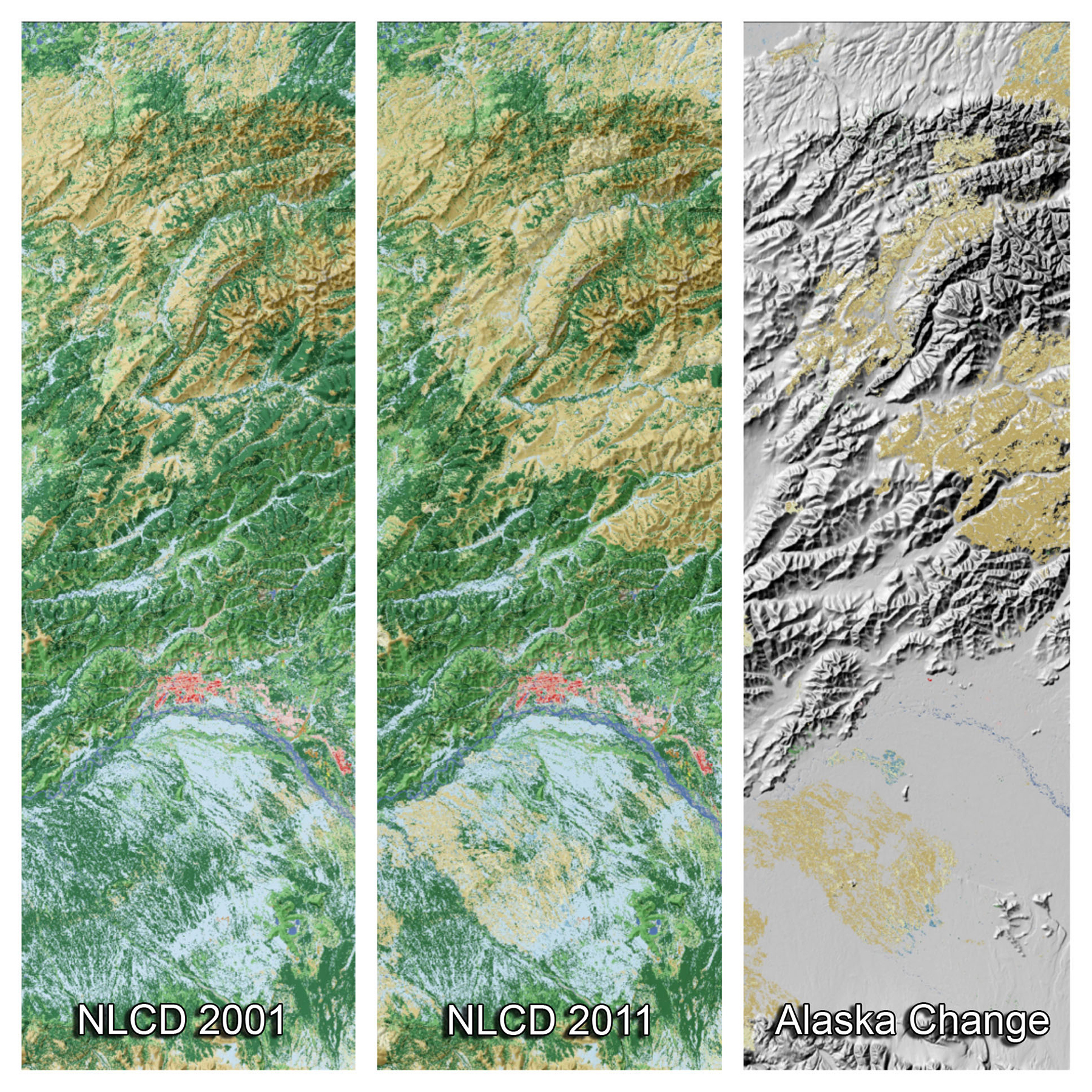 These three panels from the National Land Cover Database depict land cover change in the vicinity of Fairbanks, Alaska, from 2001 to 2011: (left) land cover in 2001 (forests in green, shrublands in brown, wetlands in blue, and urban in red); (middle) the updated land cover in 2011; and (right) areas where change occurred over this 10-year period, primarily as a result of wildfire, which converted large areas of forests to shrub and grasslands (shades of light brown in the right panel). Approximately 1 million acres burn across Alaska each year.