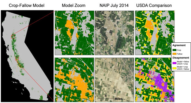 Automated mapping of croplands and cropland fallows. The ACCA model (Figure left, with zoomed insets adjacent) compares the current MODIS monthly greenness to historical greenness patterns observed between 2001 and 2013 and to cultivated pixels with its current NOAA Climate Division neighborhood. The insets at right show how well this model fits with the model produced by the USDA, which uses Landsat 8, Deimos, and Farm Service Agency data. The center insets show the NAIP aerial imagery collected in July 2014. This model can easily translate to new areas because it looks at the relative greenness of a pixel temporally and spatially, thereby self-calibrating to new locations. 