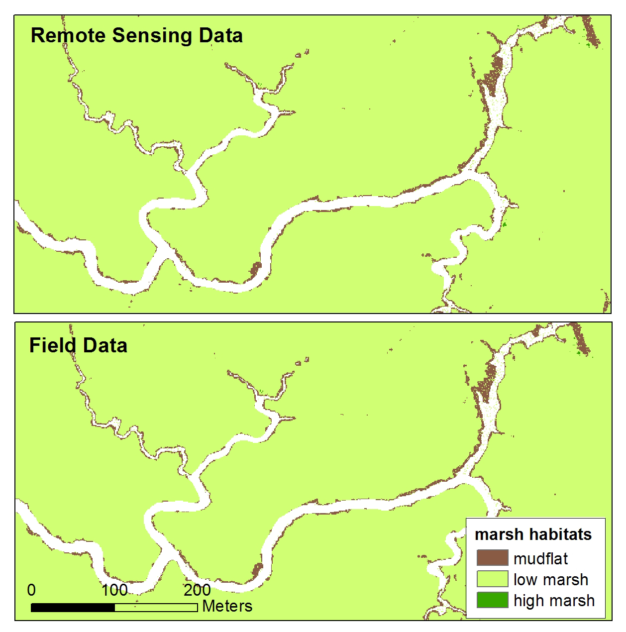 Projected vegetation community maps at year 2100 for Rush Ranch, Suisun Marsh, California, based on Marsh Equilibrium Model (MEM) outputs and a lidar digital elevation model (DEM). The top map was generated with inputs derived from Landsat 8 to MEM, and the bottom map was generated with field data inputs to MEM. Comparison of Landsat 8 and field-based MEM inputs found no significant difference in projections across 95% of the marsh plain area at 100 years, with both projections illustrating a subtle “sinking” of the marsh. North is oriented toward the top of the image.