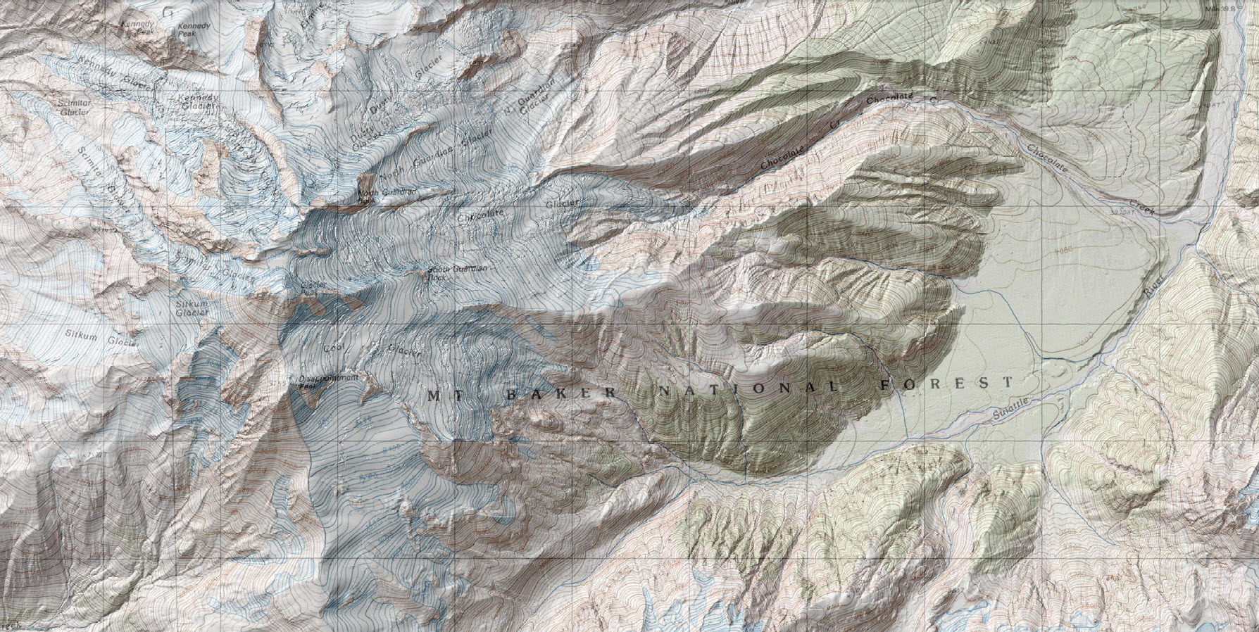 Map shows 1-m lidar-derived digital elevation model (DEM) data superimposed on a 1:24,000 USGS topographic map of the center of the lidar collection area for Glacier Peak. Glacier Peak’s high altitude, steep terrain, and extremely dense forest cover make lidar collection perhaps the most difficult in the conterminous United States. The lidar data are being used for geologic mapping to reveal volcanic deposits on the mountain as well as in steep, forested river drainages. Elevation models derived from the lidar data will be used for computational modeling of volcano hazards, such as lahars (volcanic mudflows) that could travel downstream and affect nearby populated areas.