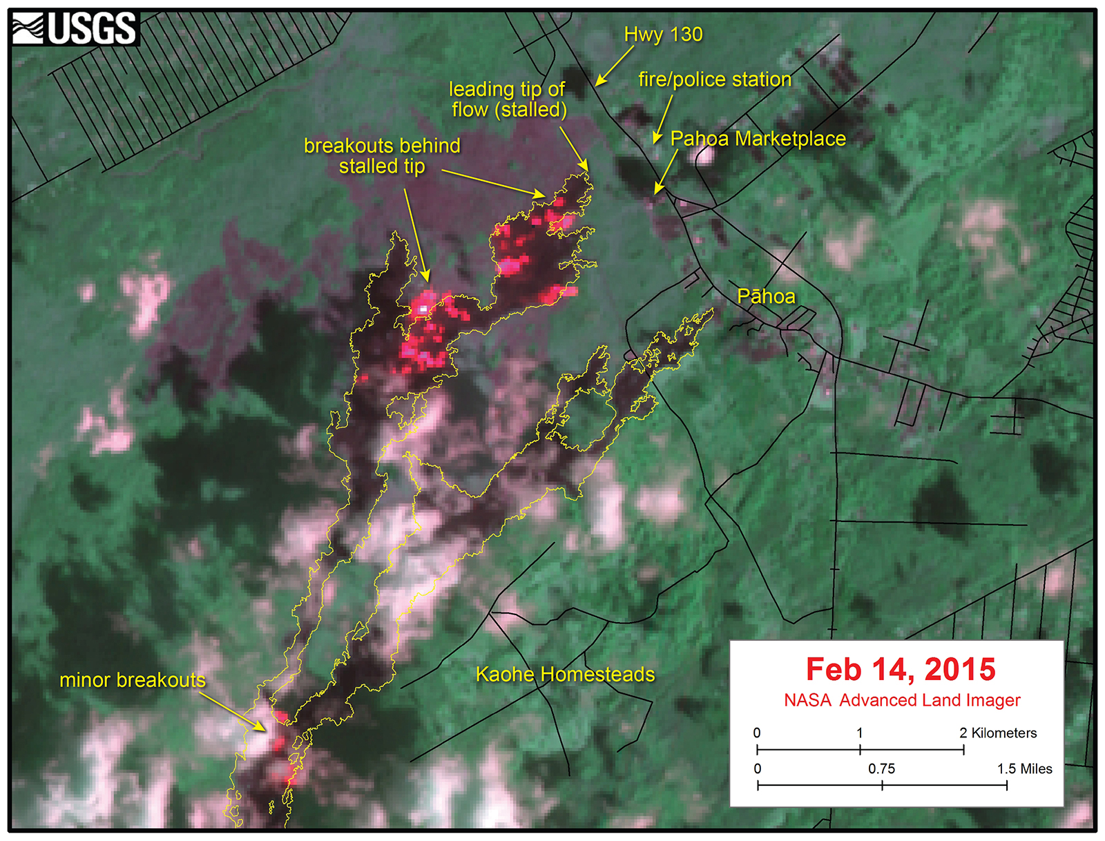 Advanced Land Imager true-color image (bands 10-8-9) over the distal portion of the June 27, 2014, lava flow on February 14, 2015, when the flow front threatened to cross the main highway and inundate a fire/police station. Red pixels show high temperatures (i.e., high values in the 2-micron band 10 channel) indicative of active lava breakouts.  Images such as this were useful in identifying the main areas of activity on the lava flow field. The yellow line is the mapped lava flow margin, and black lines are roads. North is oriented toward the top of the image.