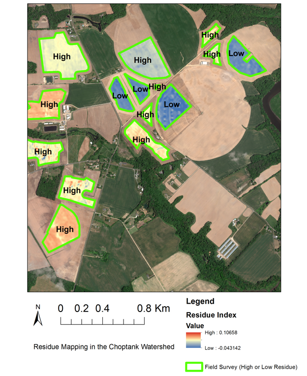 Spectral indices calculated using shortwave infrared reflectance from the WorldView-3 satellite showed strong correlation with in-field measurements of crop residue obtained in spring 2015.