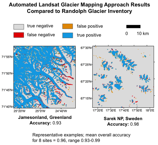 Comparison of automated Landsat glacier mapping approach results with Randolph Glacier Inventory maps from the same time period for two study areas. Results from these and six additional study areas indicate good agreement, demonstrating the effectiveness of the fully automated approach.