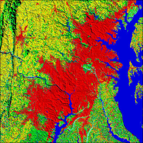 A projection of developed land (red) in the Baltimore-Washington area in 2050.
