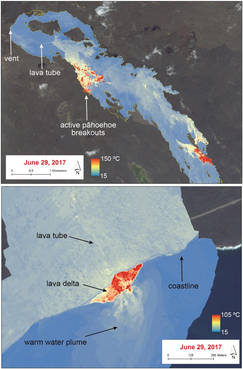 Thermal maps produced from oblique thermal images collected during the June 29, 2017, helicopter overflight of Kilauea’s East Rift Zone lava flow field.  The thermal map covers the current episode 61g lava flow.  