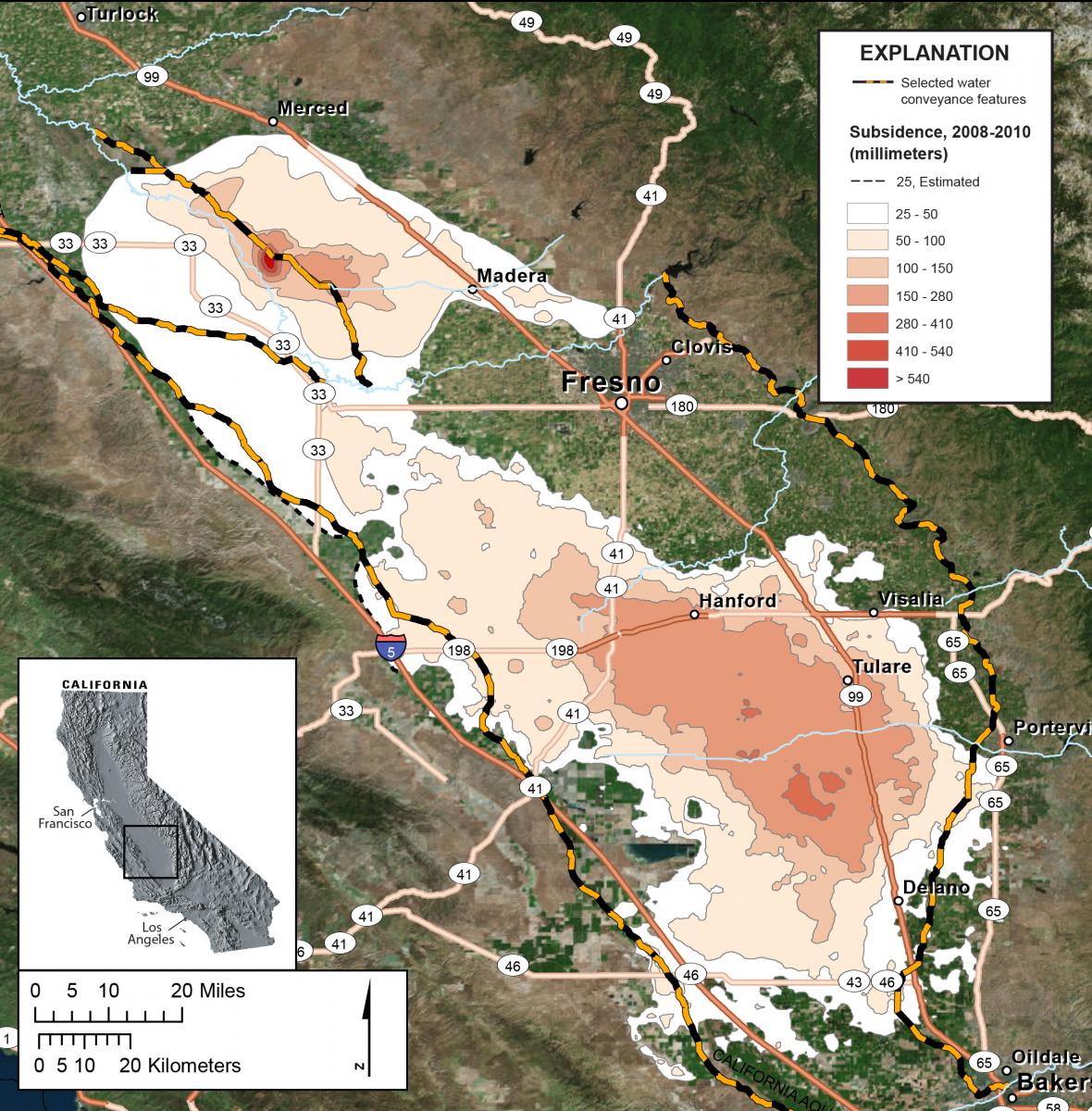 Subsidence contours derived from interferograms generated from the Advanced Land Observing Satellite (ALOS) and the Environmental Satellite (ENVISAT) showing subsidence in the San Joaquin Valley, California, during 2008–2010.