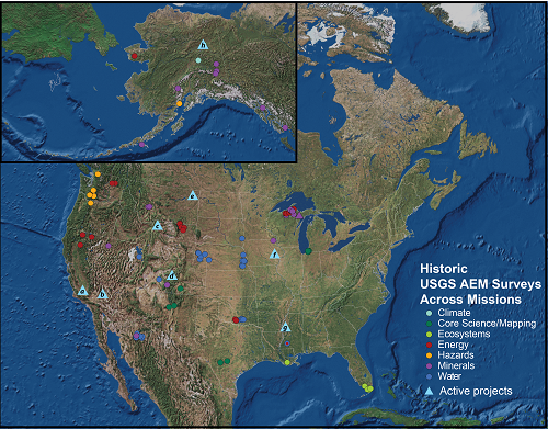 Map showing the locations of USGS-supported airborne electromagnetic (AEM) surveys across various USGS programs.  Triangles indicate the active groundwater-related research projects highlighted in this summary.