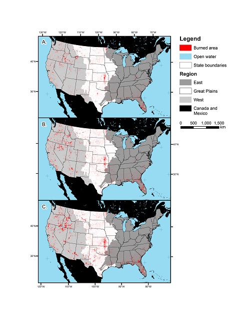 Landsat Burned Area Essential Climate Variable products for the conterminous U.S. for (A) 1985–1994, (B) 1995–2004, and (C) 2005–2014.