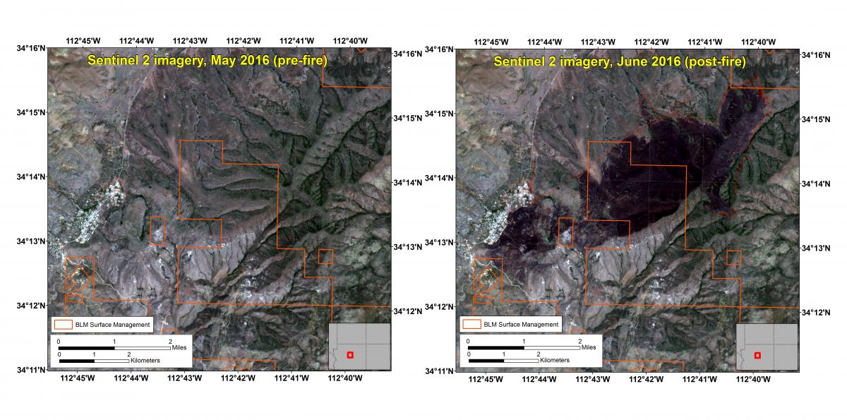 Pre- and post-fire Sentinel-2A imagery, May 2016 and June 2016.