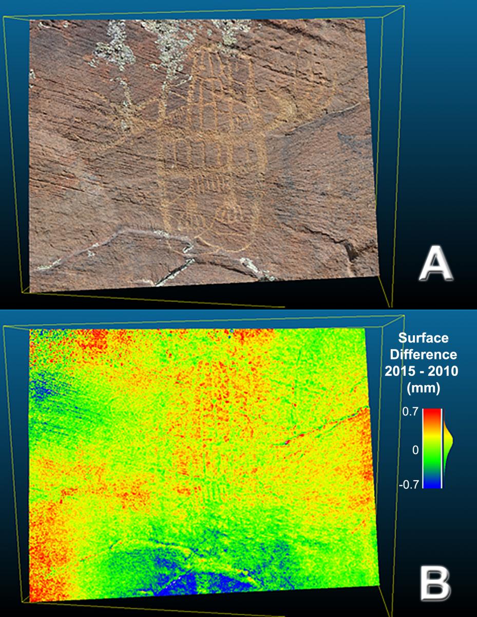 One of the seven panels monitored, showing the colored 3D point cloud derived from (A) 2015 images and (B) the surface comparison showing differences between the 2010 and 2015 modeled surfaces of <1 mm.