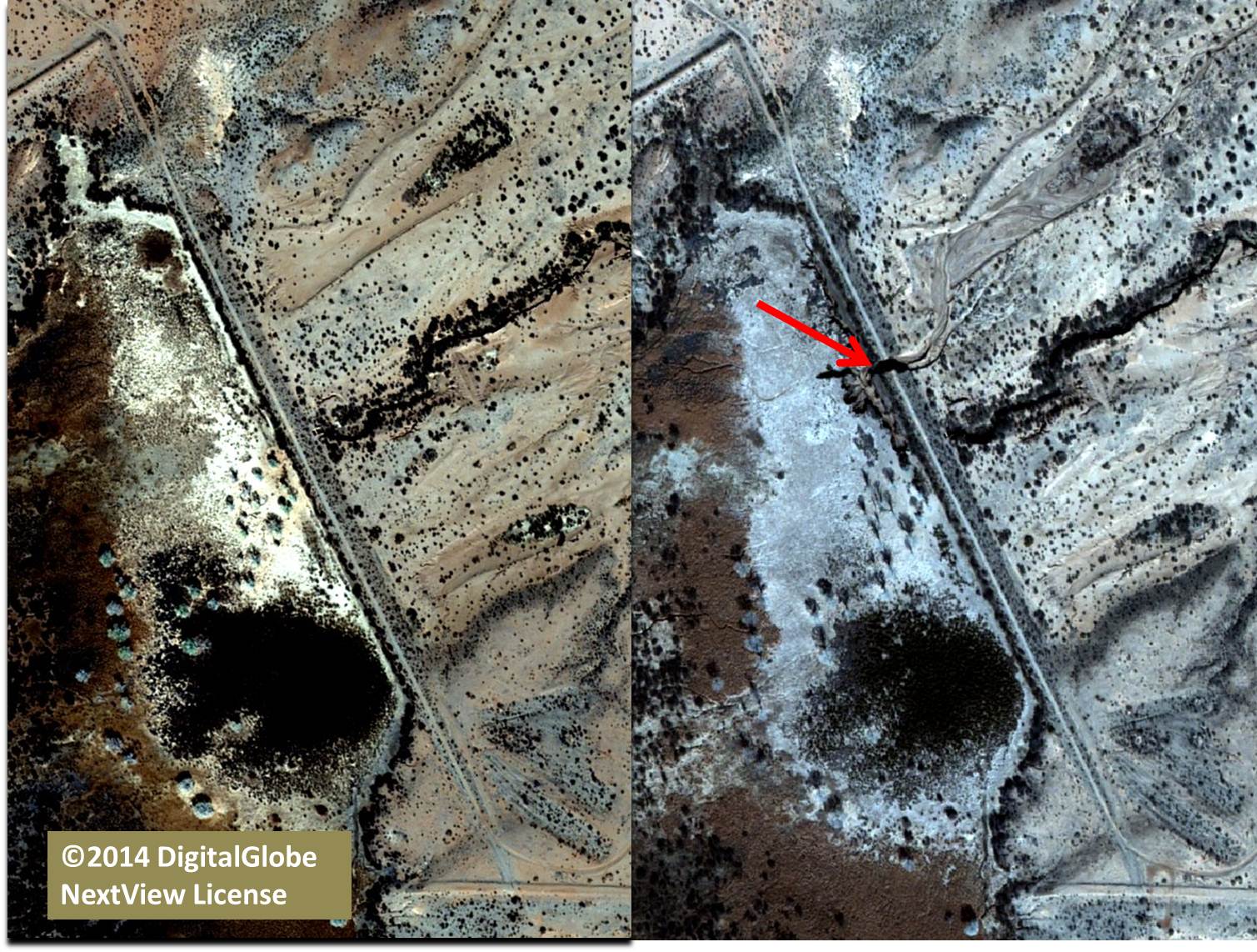 WorldView-2 high-resolution multispectral imagery collected before (left) and after (right) the HX Dam failure. The red arrow identifies the dam breach. North is oriented toward the top of the image.