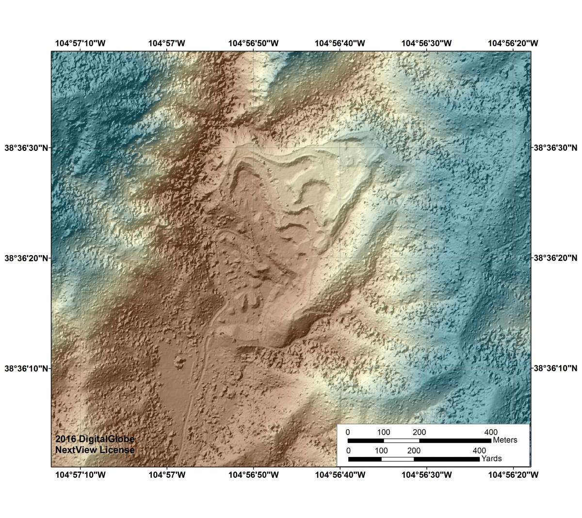 Digital Surface Model and color hillshade derived from 2016 WorldView-3 commercial stereo imagery, Red Canyon Mine, Colorado.
