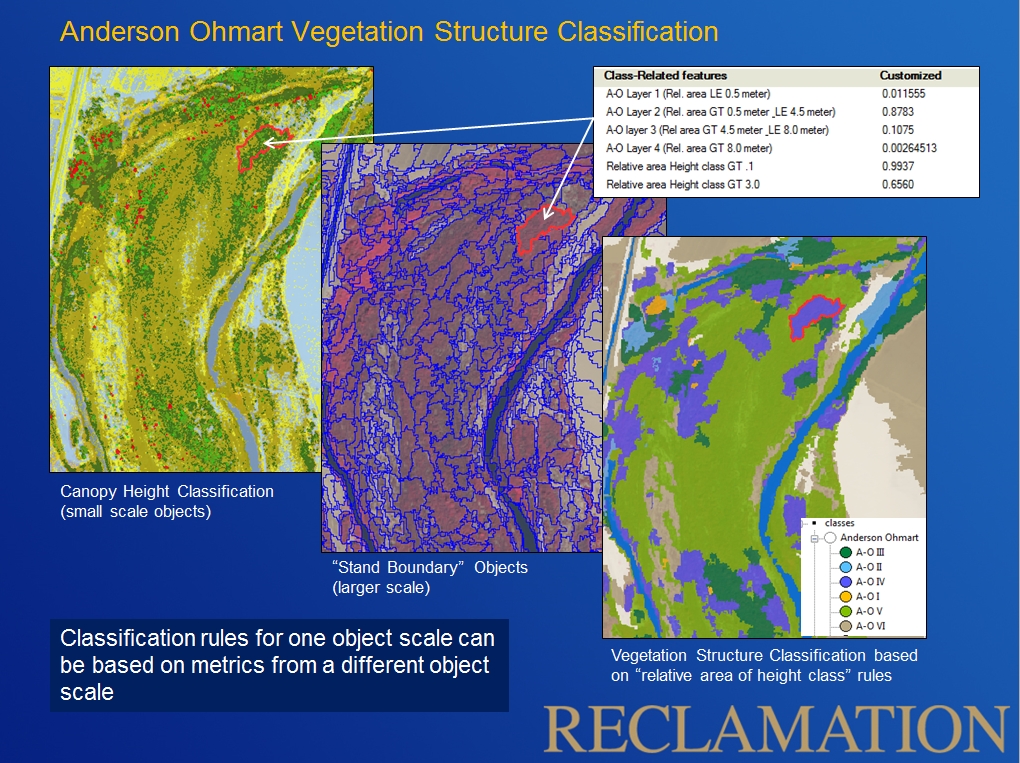 Example of pre-pulse baseline vegetation mapping: Anderson Ohmart Vegetation Structure Classification using Object Based Image Analysis with a lidar-derived canopy height classification, WorldView-2 multispectral imagery, multiple object scales, and modeling rules. North is oriented toward the top of the images. 