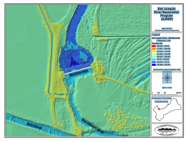 Lidar-based terrain used for hydraulic modeling efforts associated with the San Joaquin River Restoration Program (SJRRP). Friant Dam is about 50 miles upstream (ENE) from Mendota Dam. For scale, the Mendota Dam is 430 feet long.