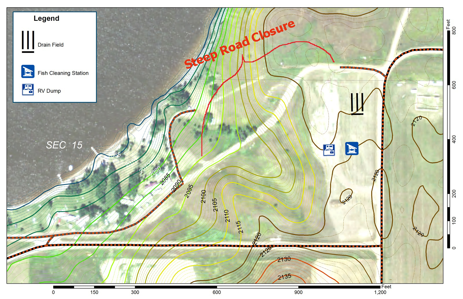 The map uses an IFSAR-created contour map of 1-foot (0.3-m) intervals and a 2014 National Agricultural Image Program orthoimage base for planning purposes. North is oriented toward the top of the image.