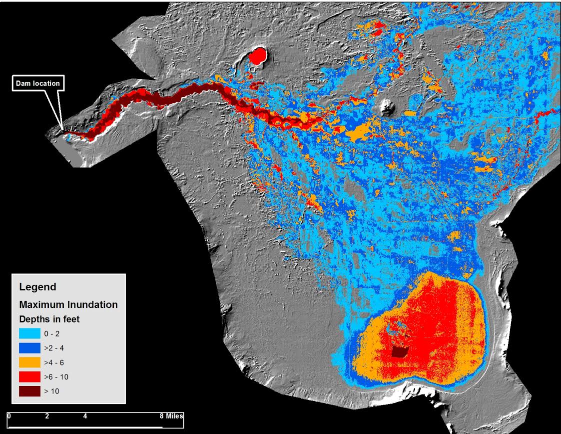 Typical two-dimensional flood inundation modeling output, classified by ranges of maximum flooding depth.
