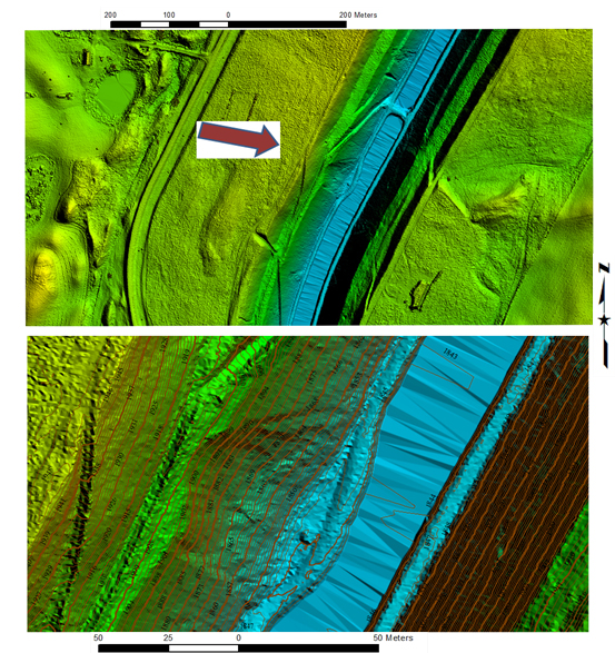 The top image is the lidar data showing the slump in the canal (red arrow) using GlobalMapper software. The bottom image is a close-up of the 1–foot (0.3-m) contours on the slide area.