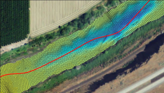 Example of a continuous topographic surface developed from interpolated bathymetric survey data and terrestrial lidar along the San Joaquin River in California. (Background imagery source: 2012 National Agriculture Imagery Program  at approximately 1:2,000 scale.)