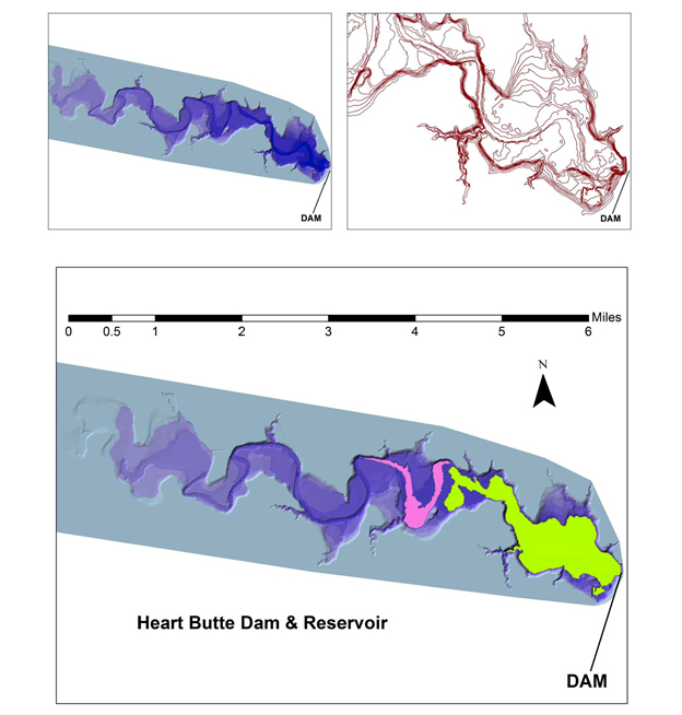 A raster was developed of the sonar depth and another raster of the topographic line polygons. The elevation values from the two rasters were differenced to get the sediment inclusions within the water body.