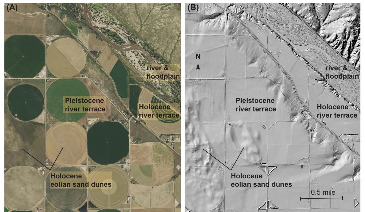 Part of the South Platte River corridor in eastern Colorado:  (A) 2015 NAIP orthoimagery, and (B) Quality-level 2 lidar data from the 2013 South Platte River Flood Area 1 lidar dataset. The imagery provides two different views of the same landscape and are used together to facilitate surficial geologic mapping along the river corridor.