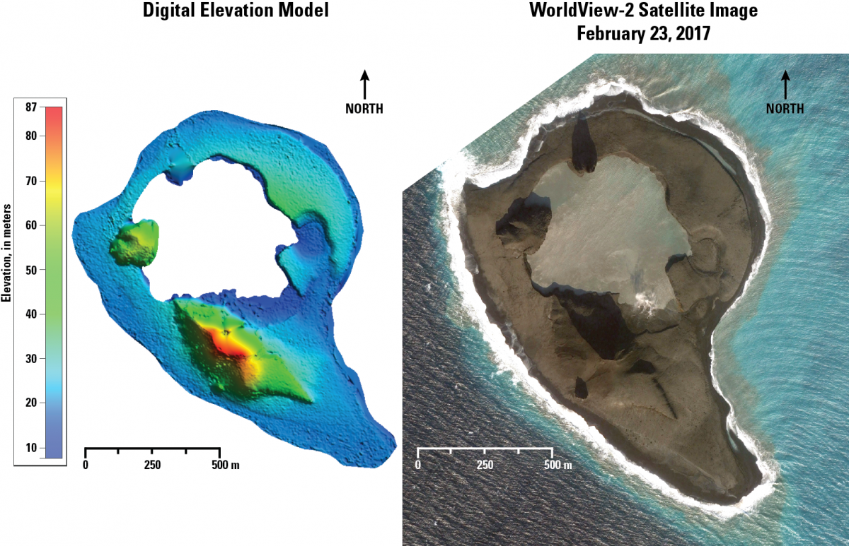 A DEM (left) and satellite image (right) of Bogoslof volcano, February 23, 2017.  A time series of DEMs has been constructed to measure topographic changes to the volcano from eruptive episodes and wave erosion.  Image data provided under Digital Globe NextView License.