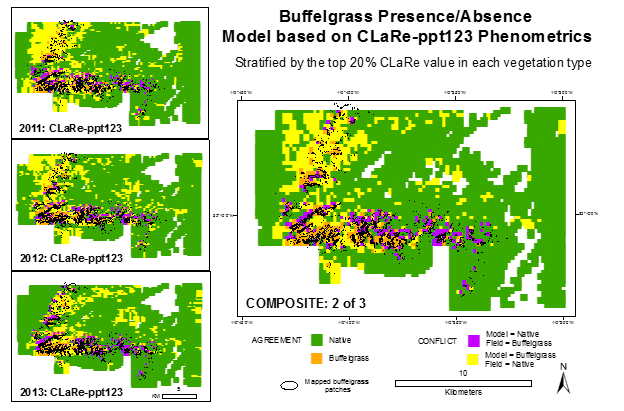 Modeled buffelgrass presence-absence based on the top 20 % of CLaRe ppt123 metrics. CLaRe ppt123 is the correlation between MODIS greenness and the cumulative precipitation for the prior three  8-day periods. For each year shown, all CLaRe ppt123 values were extracted for each mapped vegetation type (based on the SWreGAP classification) and the top 5th of the highest correlations were mapped as buffelgrass presence (left panels). Higher elevation vegetation types that are unsuited for buffelgrass (e.g., Madrean pine-oak forest and woodland) were masked. The composite model (right image) maps buffelgrass presence if 2 of 3 sub-models mapped buffelgrass presence. Validation results show the composite model has an overall accuracy of 83 % and correctly maps 46 % of known buffelgrass patches.