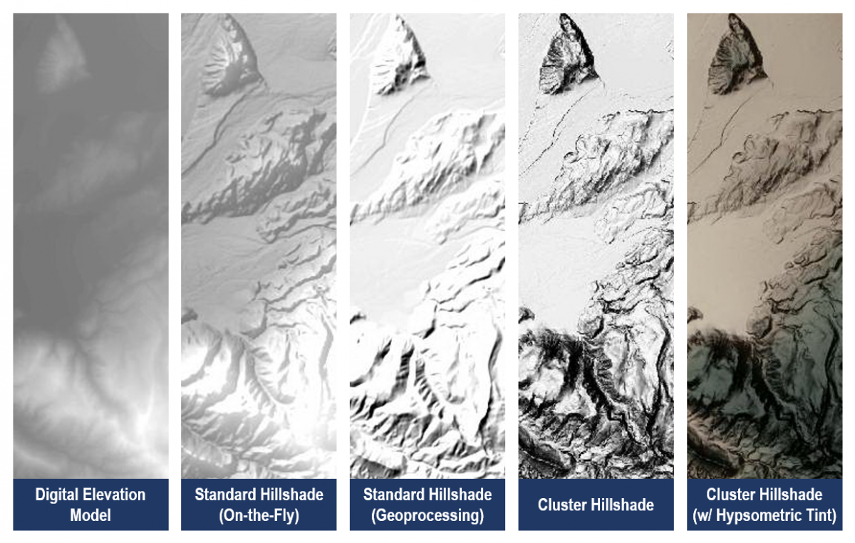 Comparison of hillshade methods with a baseline digital elevation model.