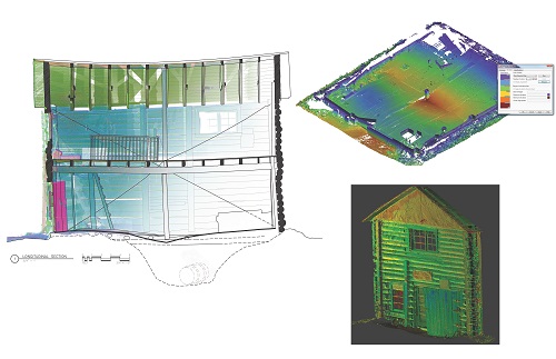 Clockwise from left: Longitudinal section through point cloud with an overlay of the line drawing; point cloud shown isolating the ground floor and its deflection using a colorized elevation ramp; point cloud showing the west elevation of the Kantishna Roadhouse.