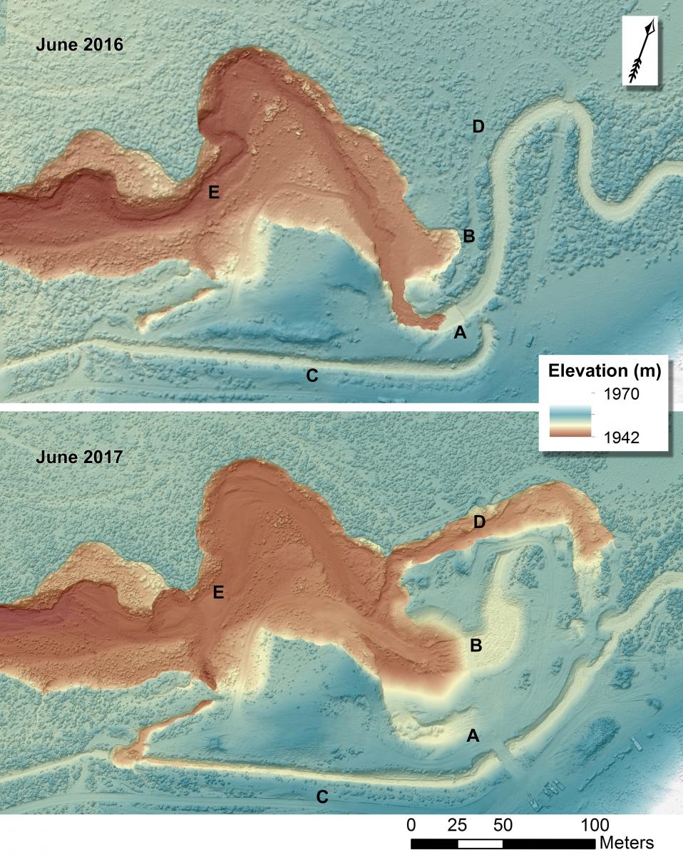 Digital surface models created from stereo aerial imagery acquired over the Pierotto diversion structure in June 2016 (top) and June 2017 (bottom). 