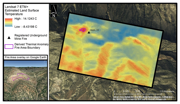 Estimated values of land surface temperature from a Landsat 7 scene draped over a true color imagery basemap (Esri World Imagery). Hotspot thresholding methods isolated an area (purple outline) of substantially elevated surface temperatures, which correlates well to a previously documented underground mine fire (black triangle).  This detected fire area boundary can be input into 3D viewer platforms like Google Earth for better spatial understanding and operations planning.