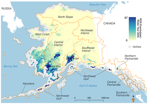 Alaska and modified climate divisions showing the greatest occurrence of rain on snow events are in the southwest and south-central regions for the 2005 water year.