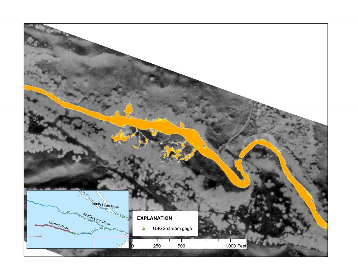 Aerial thermal image of the Dismal River above the streamgage near Thedford, Nebraska.