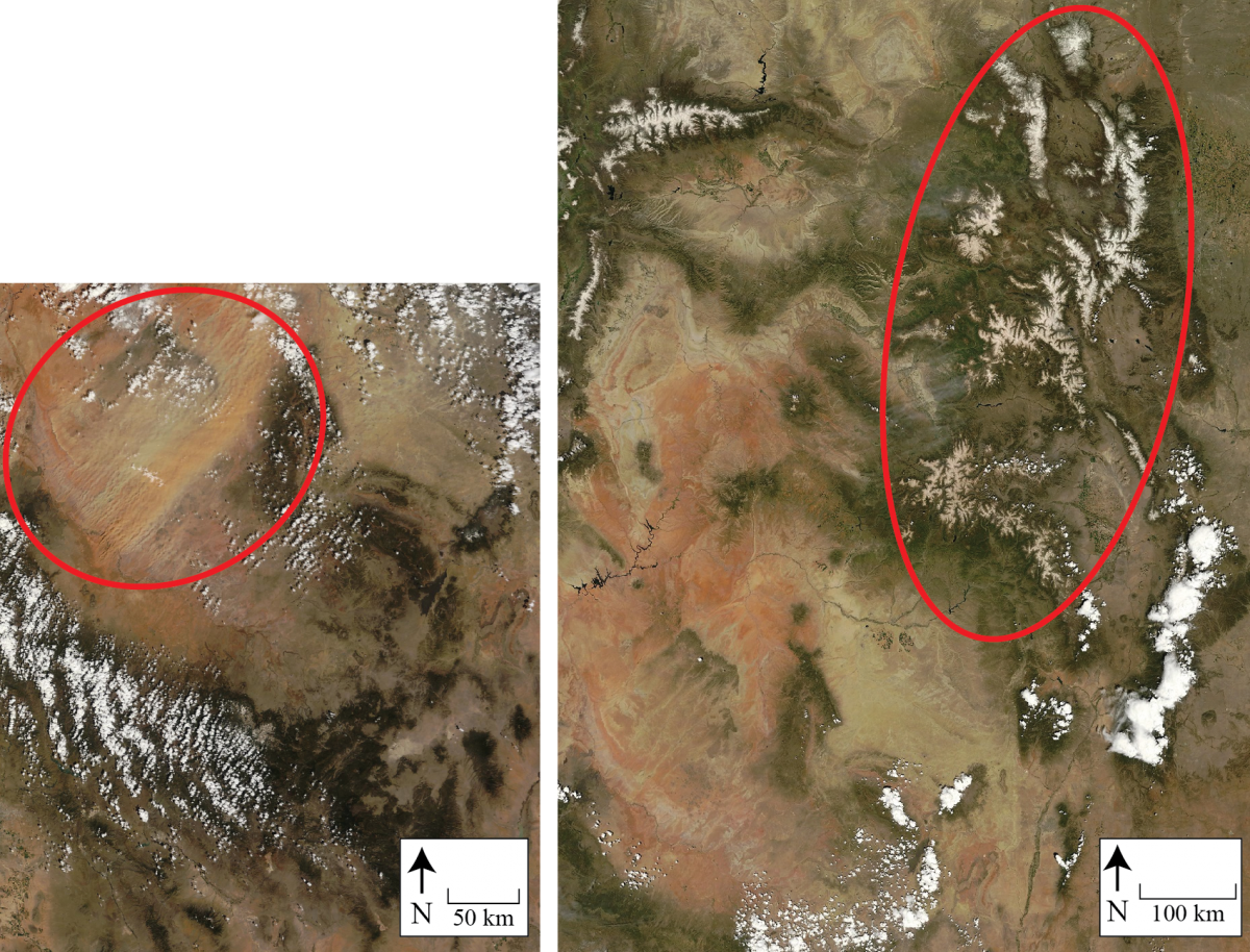 The MODIS image to the left documents dust emission from many point sources along the Little Colorado River on the southern Colorado Plateau. The MODIS image to the right shows dust on snow throughout the Rocky Mountains, especially in the San Juan Mountains in Colorado.  The dust in this image includes the dust emitted from the southern Colorado Plateau shown in the image to the left.