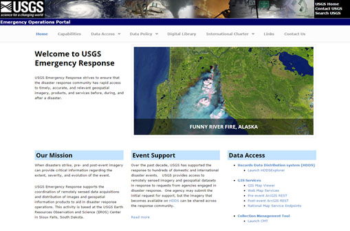 Screen example showing the emergency operations Web portal that was released in February 2015.  The updated Web site features many new and expanded content areas and includes information on USGS EROS emergency response services, data access, International Charter, and many other topics.  