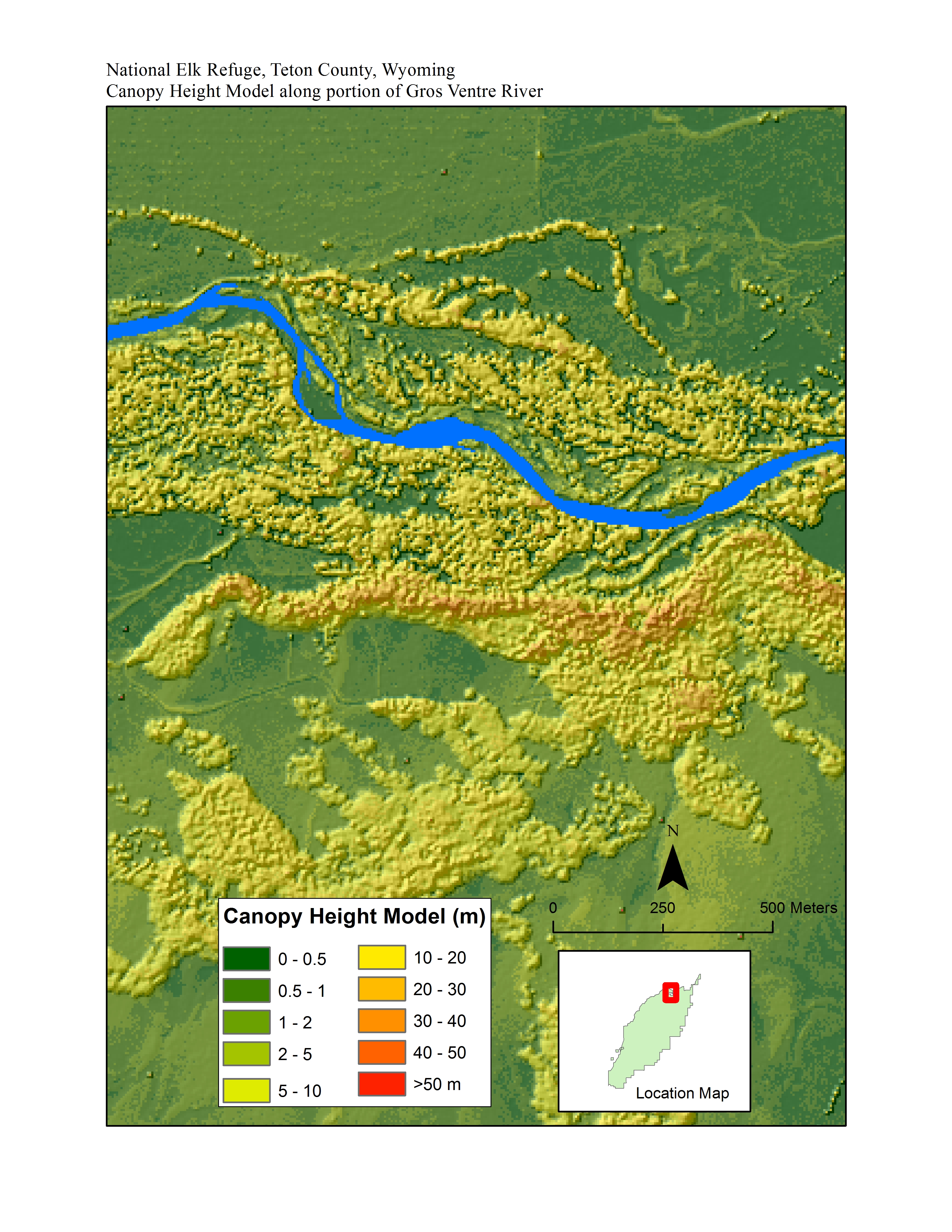 Canopy height model (CHM) developed using first return data for an area along the Gros Ventre River on the north end of the National Elk Refuge.