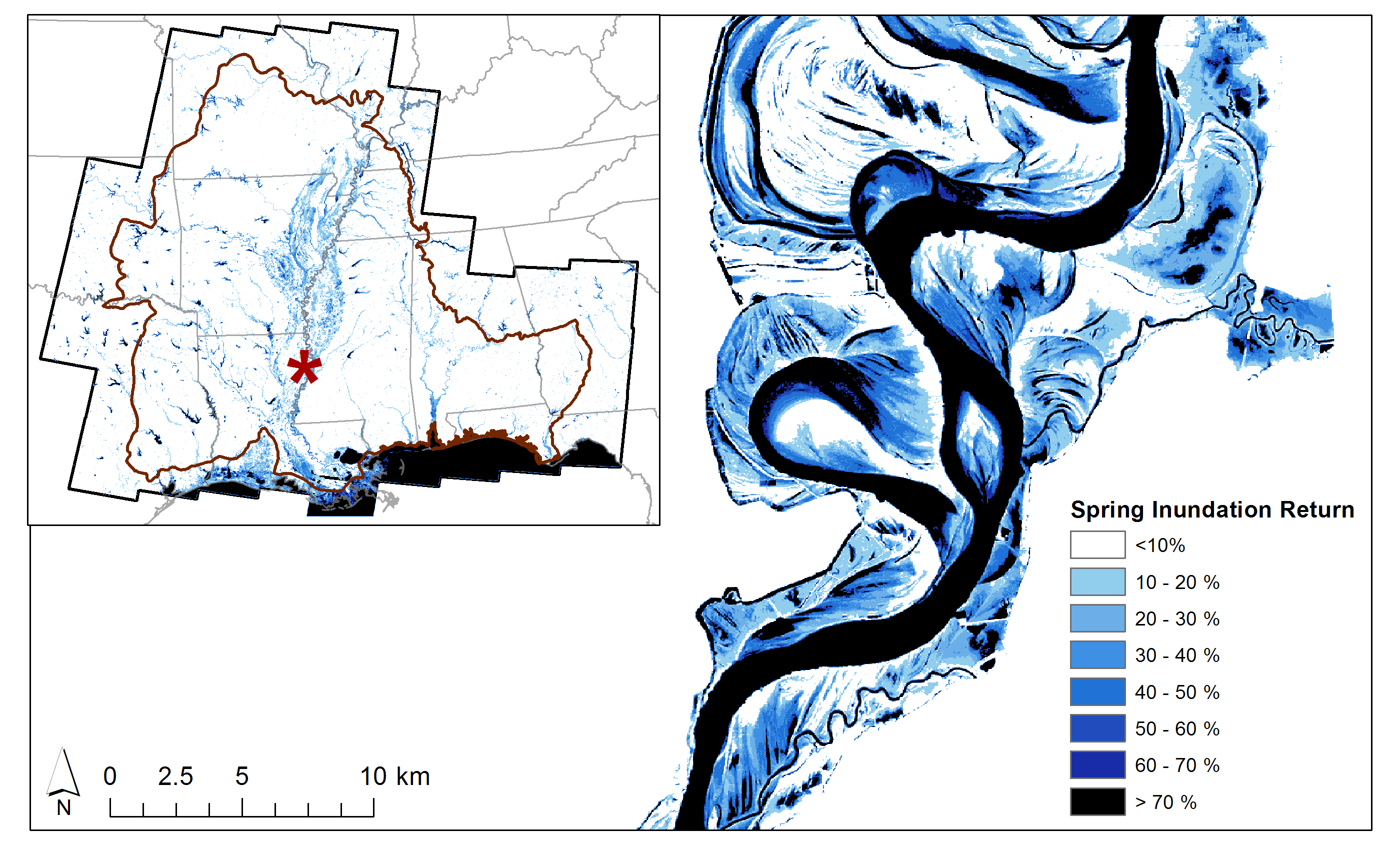 Example of inundation frequency results within a single Landsat scene translated into inundation return frequencies in the spring (April, May, June) based on long-term gaging data from Natchez, Mississippi. Areas outside of the direct influence of the Mississippi River are shaded grey as they are primarily driven by hydrologic conditions from other than the Mississippi River. 