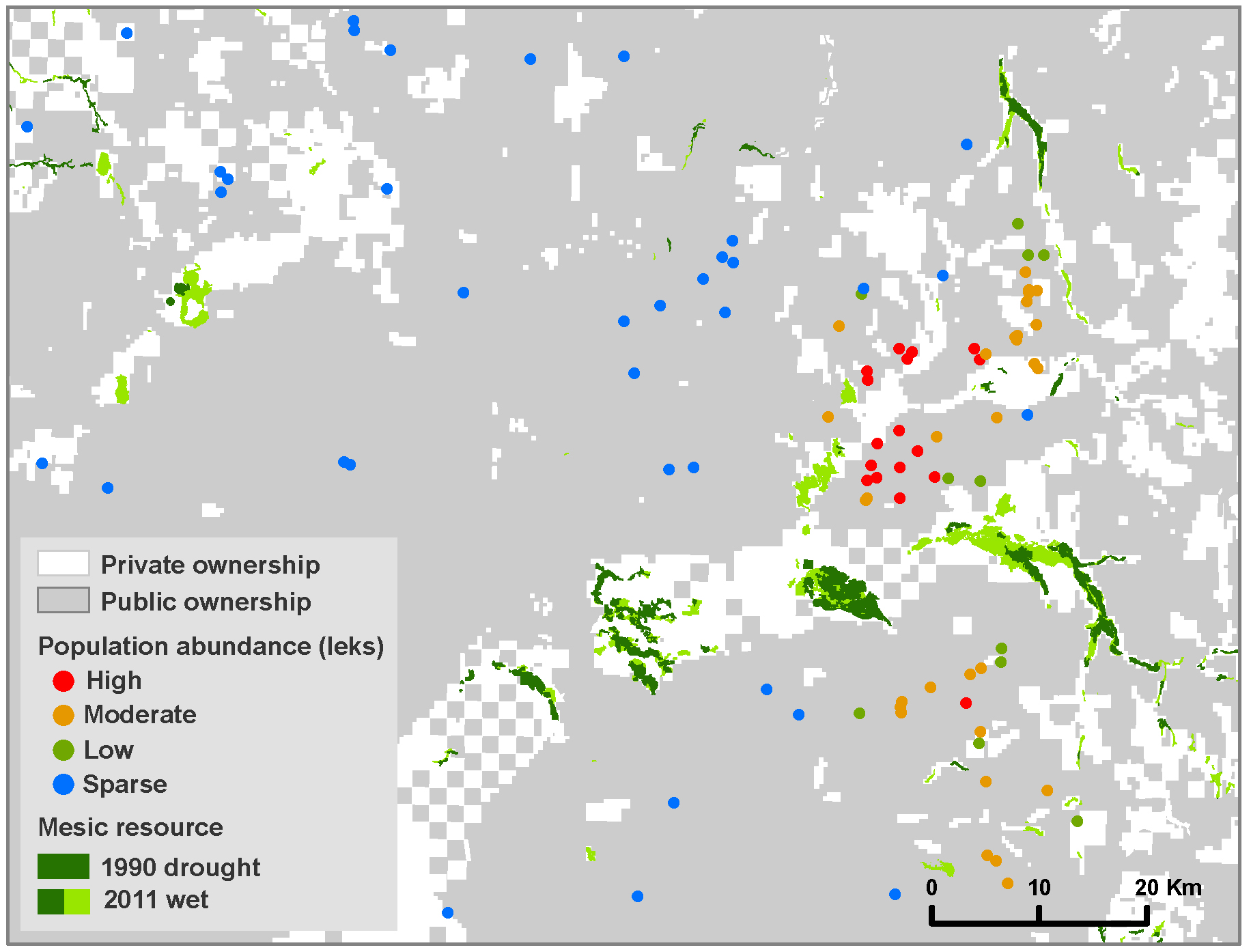 Example of characteristic ownership and population distribution patterns observed. Private lands encompassed on average 75% of summer mesic resources. Distribution of breeding ground (leks) was a function of mesic resource proximity with the highest population abundances nearest reliable mesic sites. North is oriented toward the top of the image.