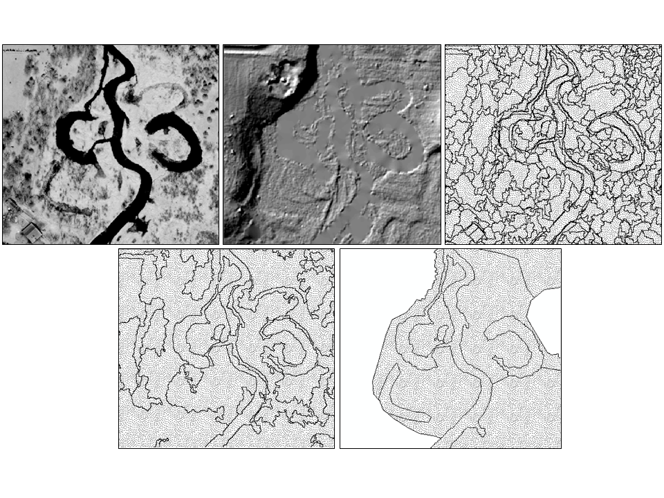 (Bottom) Image object mapping of wetlands as shown with the spring aerial image (upper left), the shaded relief image (upper center), the initial image segmentations (upper right), the refined image objects (lower left), and the final wetland inventory map (lower right, with uplands represented by white areas). The images are 1,000 m wide with North oriented toward the top.