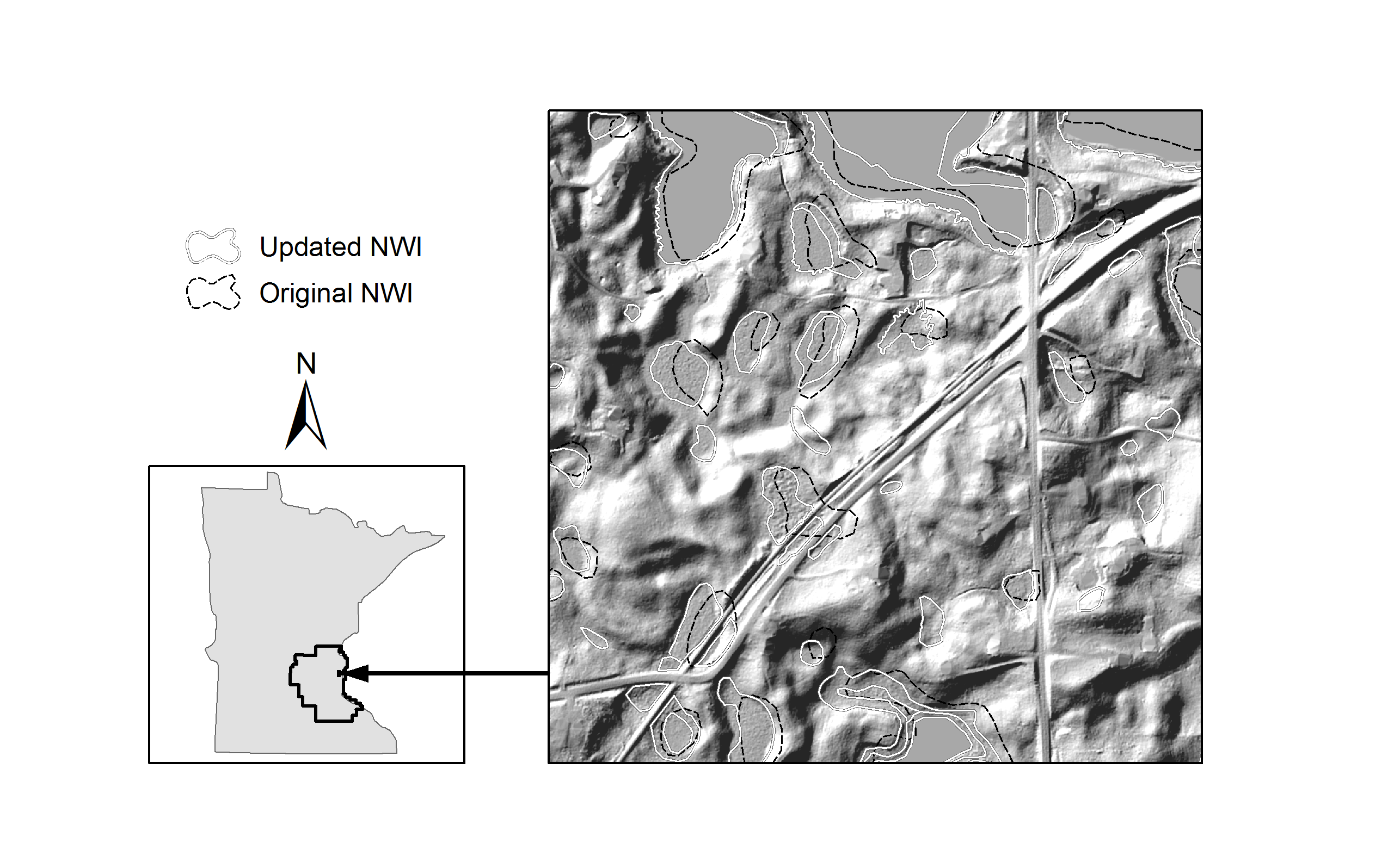 (Top) Project area map with a comparison of the original NWI to the updated Minnesota NWI on a shaded relief map derived from lidar. The Canadian National Railroad runs from the bottom left to the upper right of the image map; intersecting lines are road crossings. The black dashed lines indicate that the original NWI inaccurately mapped wetlands as crossing over railroads. The locations of the new wetland polygons (solid gray lines) more accurately conform to the landscape.